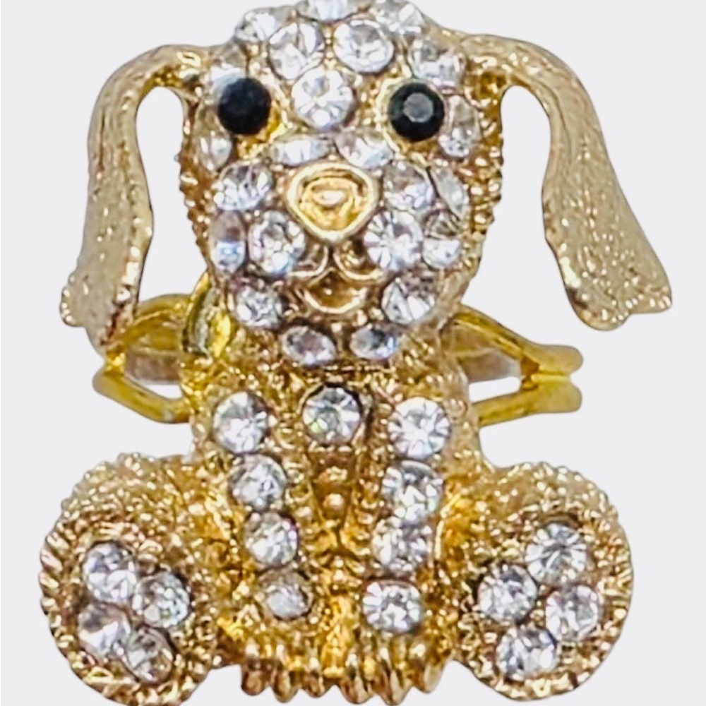 Gold Rhinestone Puppy Dog Adjustable Crystal Animal Statement Ring Vintage
